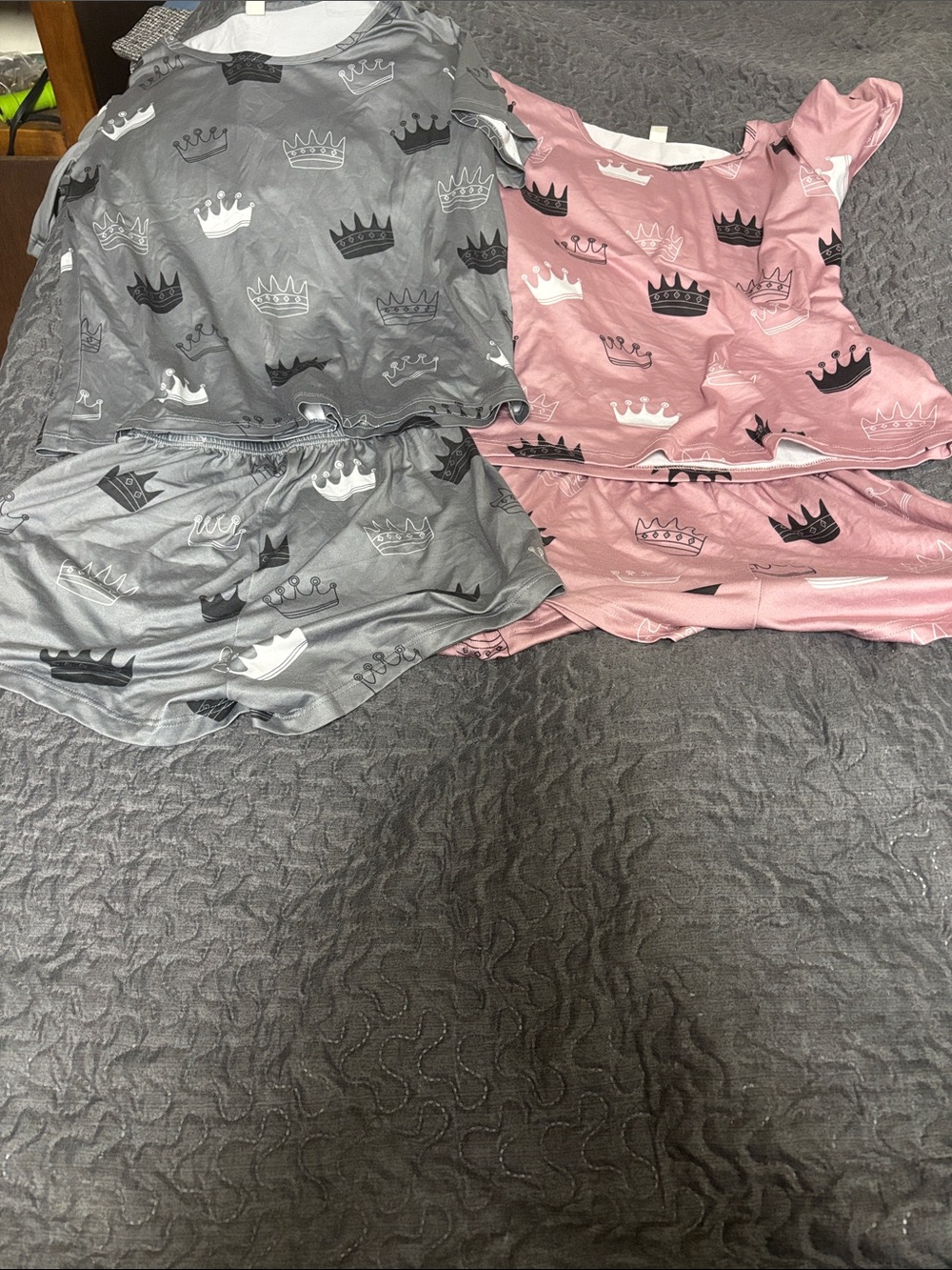 SHEIN 2 pair pajamas Pink & Gray Crown Print Short Pajama Set - Two Colors